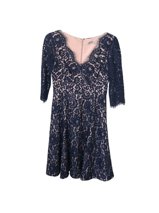 Eliza J Dresses & Skirts - Eliza J Fit & Flare Dress Scallop V-Neck Crossover Blue Lace Overlay Lined SZ 4